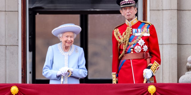 Queen Elizabeth and Prince Edward, Duke of Kent, on the balcony of Buckingham Palace during the Trooping the Colour parade.