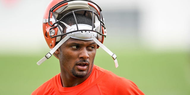Deshaun Watson of the Cleveland Browns looks on during an off-season workout at the Crosscountry Mortgage Campus on June 1, 2022 in Berea, Ohio.