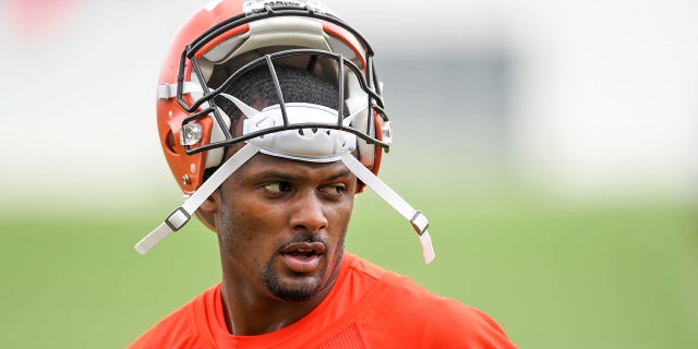 Deshaun Watson of the Cleveland Browns looks on during an off-season workout at the Crosscountry Mortgage Campus on June 1, 2022 in Berea, Ohio.