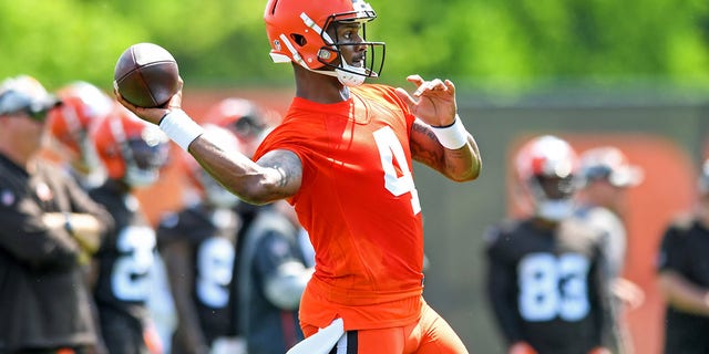 Deshaun Watson of the Cleveland Browns throws a pass during an offseason workout at CrossCountry Mortgage Campus June 1, 2022, in Berea, Ohio. 