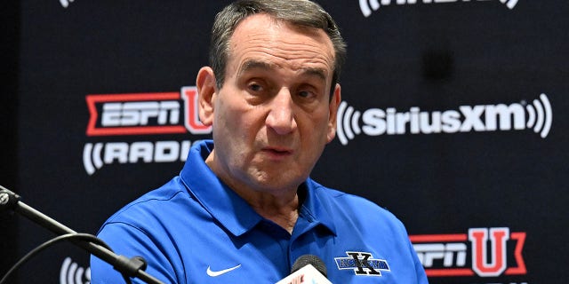 Mike Krzyzewski, retired head coach of the Duke Blue Devils, tapes an episode of his SiriusXM show during a SiriusXM Town Hall With Coach K event at Cameron Indoor Stadium June 2, 2022, in Durham, N.C.