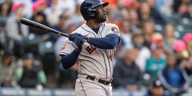 Yordan Alvarez #44 of the Houston Astros takes a swing during a batting game against the Seattle Mariners at T-Mobile Park on May 27, 2022 in Seattle, Washington. The Mariners won 6-1.