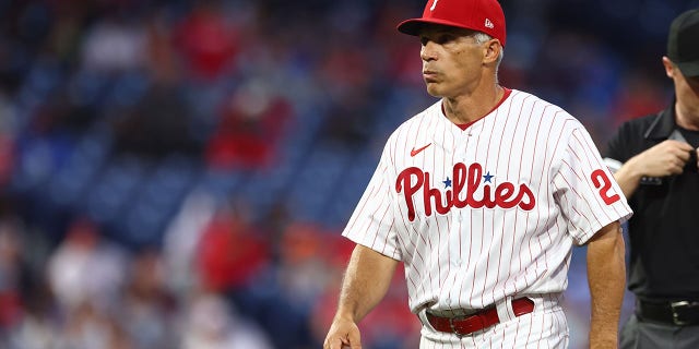 Philadelphia Phillies manager Joe Girardi argues during a game against the San Francisco Giants at Citizens Bank Park on May 31, 2022 in Philadelphia.