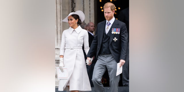Meghan Markle and Prince Harry attend the National Service of Thanksgiving at St. Paul's Cathedral during Queen Elizabeth's Platinum Jubilee celebrations in June 2022.