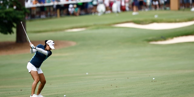 Danielle Kang plays a shot from the 18th fairway during the second round of the 77th U.S. Women's Open at Pine Needles Lodge and Golf Club on June 3, 2022 in Southern Pines, North Carolina.