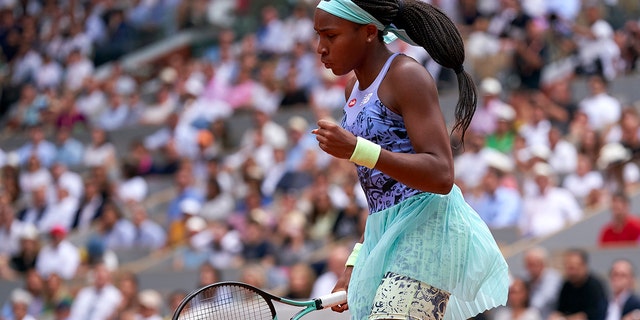 Coco Gauff celebrates a point against Iga Swiatek at the French Open on June 4, 2022 in Paris. 