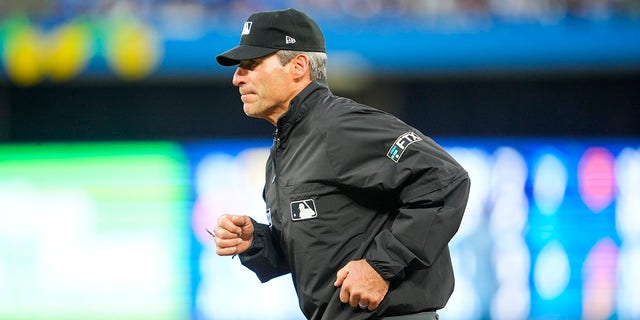 Umpire Angel Hernandez looks on as the Blue Jays play the Minnesota Twins at the Rogers Centre on June 3, 2022, in Toronto, Canada. 