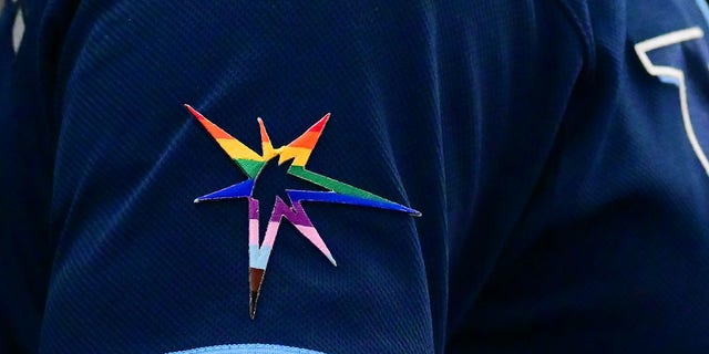 A detail of the Tampa Bay Rays pride burst logo celebrating Pride Month during a game against the Chicago White Sox at Tropicana Field on June 04, 2022, in St Petersburg, Florida. 