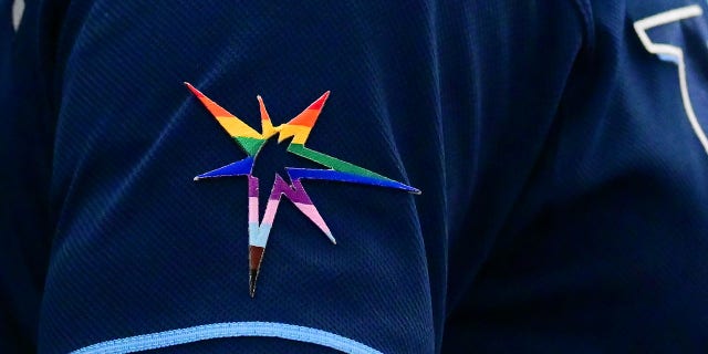 A detail of the Tampa Bay Rays pride burst logo celebrating Pride Month during a game against the Chicago White Sox at Tropicana Field on June 04, 2022, in St Petersburg, Florida.