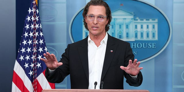 After meeting with President Joe Biden, Actor Matthew McConaughey talks to reporters during the daily news conference in the Brady Press Briefing Room at the White House on June 07, 2022 in Washington, DC. 