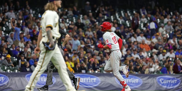 Alec Bohm of the Philadelphia Phillies runs the bases following a solo home run against the Brewers during the ninth inning at American Family Field on June 7, 2022, in Milwaukee, Wisconsin. 