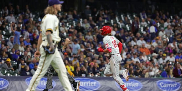 Alec Bohm of the Philadelphia Phillies runs the bases following a solo home run against the Brewers during the ninth inning at American Family Field on June 7, 2022, in Milwaukee, Wisconsin.