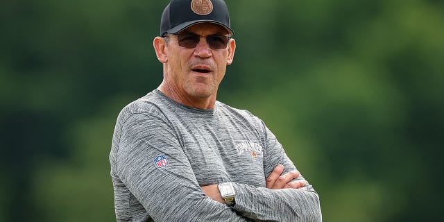 Head coach Ron Rivera of the Washington Commanders looks on during the organized team activity at INOVA Sports Performance Center on June 8, 2022 in Ashburn, Virginia.