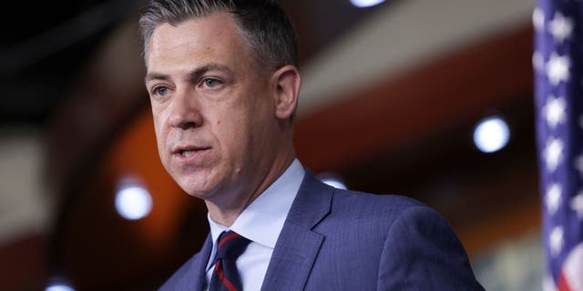 Rep. Jim Banks, R-Ind., speaks at a press conference following a Republican caucus meeting at the U.S. Capitol on June 8, 2022.