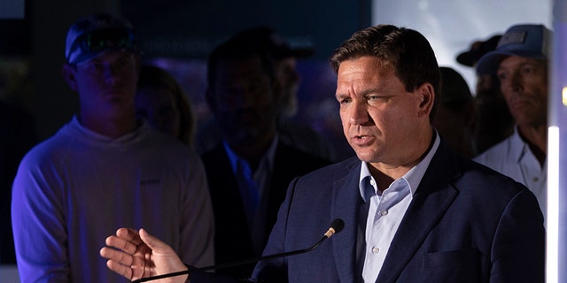 Florida Gov. Ron DeSantis speaks during a press conference held at the Cox Science Center &amp; Aquarium on June 08, 2022, in West Palm Beach, Florida. 