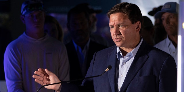 Florida Gov. Ron DeSantis speaks during a press conference held at the Cox Science Center &amp; Aquarium on June 08, 2022, in West Palm Beach, Florida. 