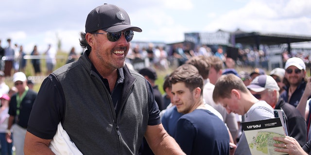 Phil Mickelson of Hy Flyers GC smiles on day three of the LIV Golf Invitational — London at The Centurion Club June 11, 2022, in St Albans, England. 