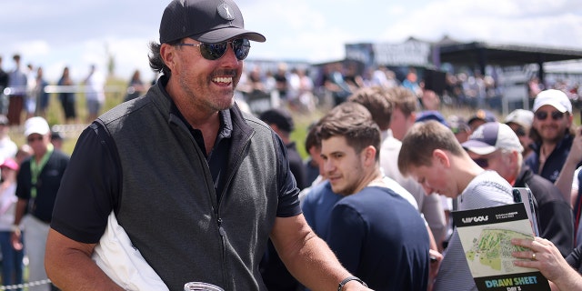 Phil Mickelson of Hy Flyers GC smiles on day three of the LIV Golf Invitational — London at The Centurion Club June 11, 2022, in St Albans, England. 