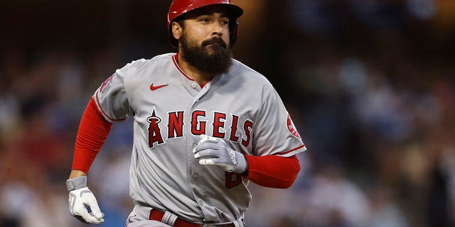 Anthony Rendon #6 of the Los Angeles Angels runs to first base against the Los Angeles Dodgers during the fourth inning at Dodger Stadium on June 14, 2022 in Los Angeles, California. 