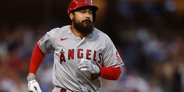 Anthony Rendon #6 of the Los Angeles Angels runs to first base against the Los Angeles Dodgers during the fourth inning at Dodger Stadium on June 14, 2022, in Los Angeles.
