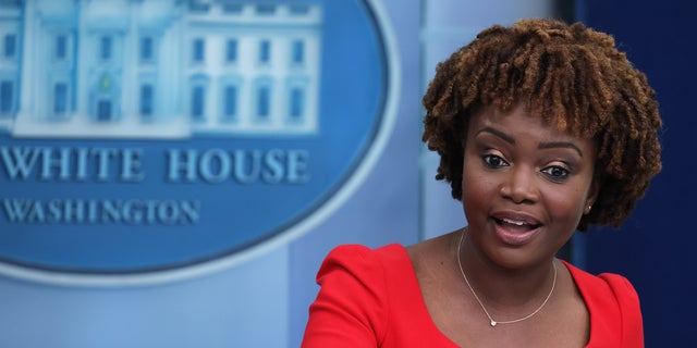 White House Press Secretary Karine Jean-Pierre speaks during a White House daily press briefing at the James S. Brady Press Briefing Room of the White House. 