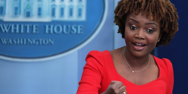 White House Press Secretary Karine Jean-Pierre speaks during a White House daily press briefing at the James S. Brady Press Briefing Room of the White House. 