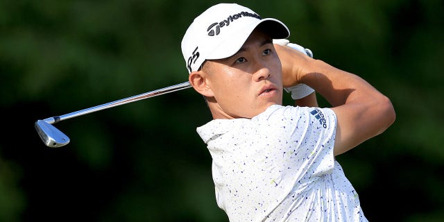 Collin Morikawa of The United States plays his tee shot on the ninth hole during the second round of the 2022 U.S.Open Championship at The Country Club on June 17, 2022 in Brookline, Massachusetts. 