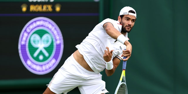 Matteo Berrettini of Italy practices during a practice session ahead of the Championships Wimbledon 2022 at the All England Lawn Tennis and Croquet Club on June 24, 2022 in London, England. 