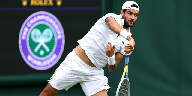 Matteo Berrettini of Italy serves during a practice session ahead of The Championships Wimbledon 2022 at All England Lawn Tennis and Croquet Club on June 24, 2022 in London, England. 