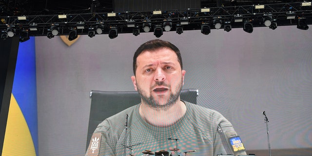 Volodymyr Zelenskyy President of Ukraine, records a message for the people of Glastonbury during day three of Glastonbury Festival at Worthy Farm, Pilton on June 24, 2022 in Glastonbury, England. 