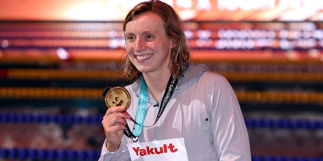 Gold medallist Katie Ledecky of Team United States poses for a photo during the medal ceremony for the Women's 800m Freestyle Final on day seven of the Budapest 2022 FINA World Championships at Duna Arena on June 24, 2022 in Budapest, Hungary. 