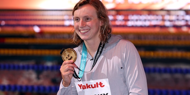 Gold medallist Katie Ledecky of Team United States poses for a photo during the medal ceremony for the Women's 800m Freestyle Final on day seven of the Budapest 2022 FINA World Championships at Duna Arena on June 24, 2022 in Budapest, Hungary.