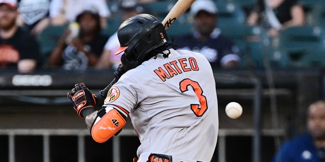Jorge Mateo of the Baltimore Orioles is hit by a pitch, which led to benches clearing in the second inning at Guaranteed Rate Field June 24, 2022, in Chicago.