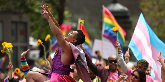 San Francisco pride parade goers with rainbow flags