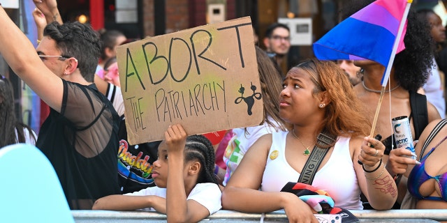 A person holds an "abort the patriarchy" sign at the New York City Pride Parade on June 26, 2022 in New York City.