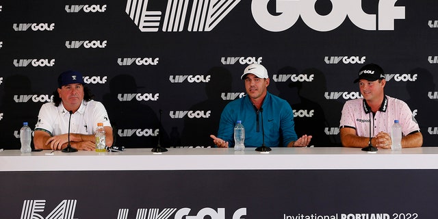 Pat Perez, Brooks Koepka and Patrick Reed speak to the media during a press conference prior to the LIV Golf Invitational — Portland at Pumpkin Ridge Golf Club June 28, 2022, in North Plains, Oregon. 
