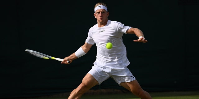 Alejandro Davidovich Fokina of Spain plays a forehand against Jiri Vesely of Czech Republic during their Men's Singles Second Round match on day three of The Championships Wimbledon 2022 at All England Lawn Tennis and Croquet Club on June 29, 2022 in London, England. 
