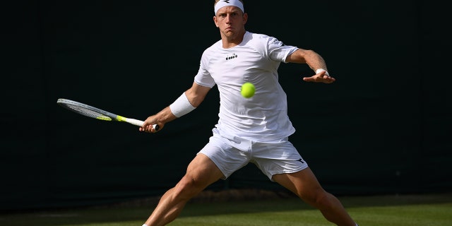 Alejandro Davidovich Fokina of Spain plays a forehand against Jiri Vesely of Czech Republic during their Men's Singles Second Round match on day three of The Championships Wimbledon 2022 at All England Lawn Tennis and Croquet Club on June 29, 2022 in London, England. 