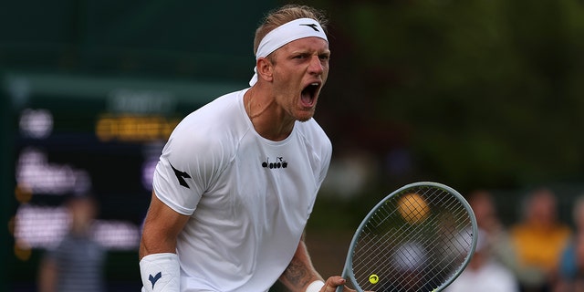 Alejandro Davidovich Fokina of Spain celebrates against Jiri Vesely of Czech Republic during their Men's Singles Second Round match on day three of The Championships Wimbledon 2022 at All England Lawn Tennis and Croquet Club on June 29, 2022 in London, England.