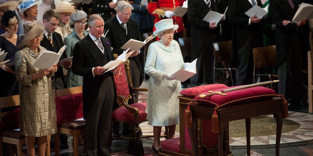 (L-R) Camilla, Duchess of Cornwall; Prince Charles, Prince of Wales; and Queen Elizabeth during a service of thanksgiving to mark the Queen's Diamond Jubilee at St Paul's Cathedral June 5, 2012, London.