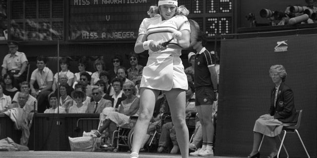 America's Andrea Jaeger in early play against fellow American Martina Navratilova during the Ladies Singles Final at Wimbleton, London. Navratilova won 6-0, 6-3.