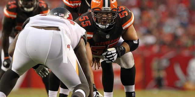 Alex Mack, 55, of the Browns during a preseason game between the Cleveland Browns and the Tampa Bay Buccaneers at Raymond James Stadium in Tampa, Florida, August 29, 2015. 