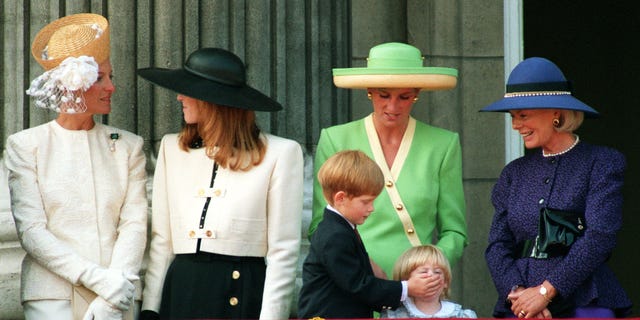 해리 왕자가 6번째 생일을 맞아 영국 해전 50주년 퍼레이드를 관람하기 위해 웨일즈 공주와 다른 왕실 가족들과 함께 2세 베아트리체 공주의 입에 손을 얹고 있다. 아침. 