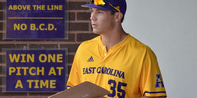 East Carolina Pirates' Bryson Worrell during a game against the Houston Cougars at Lewis Field at Clark LeClair Stadium in Greenville, North Carolina, on April 29, 2018.