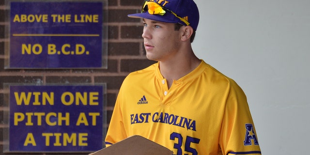 East Carolina Pirates' Bryson Worrell during a game against the Houston Cougars at Lewis Field at Clark LeClair Stadium in Greenville, North Carolina, on April 29, 2018.