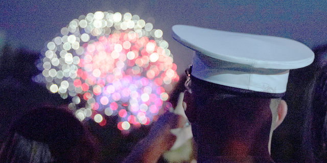  A US Marine views fireworks from the South Lawn of the White House on July 4, 2018, in Washington, DC. 