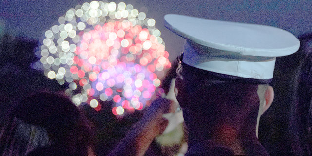 A U.S. Marine views fireworks from the South Lawn of the White House on July 4, 2018, in Washington, D.C. 