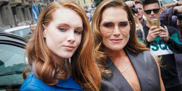 Brooke Shields (right) and her daughter Grier Hammond Henchy at the Salvatore Ferragamo fashion show on September 25, 2021, in Milan, Italy.