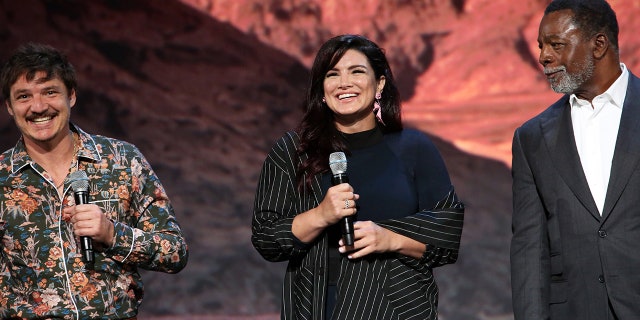 (L-R) Pedro Pascal, Gina Carano and Carl Weathers of "The Mandalorian" took in the Disney+ Showcase at Disney’s D23 EXPO 2019 in Anaheim, Calif.