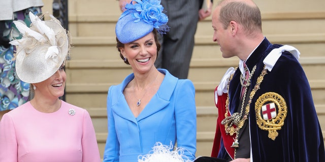 Sophie, Countess of Wessex, left, Catherine, Duchess of Cambridge and Prince William attend the Order of the Garter service at St George's Chapel on June 13, 2022 in Windsor, England.